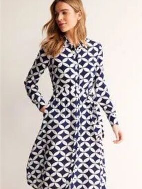 Boden Navy and White Geometric Tie-Waist Shirt Dress